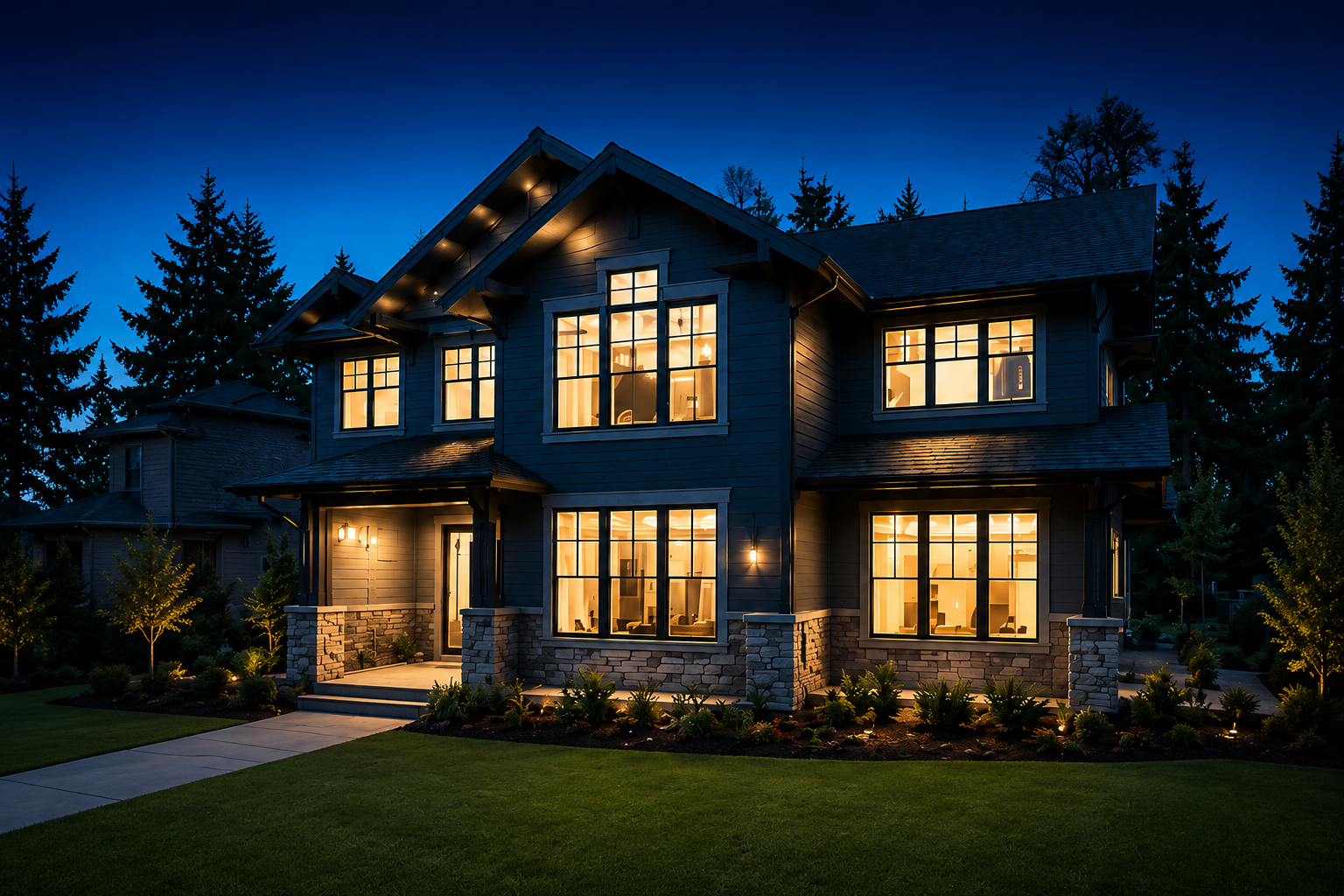 Warmly lit home at dusk