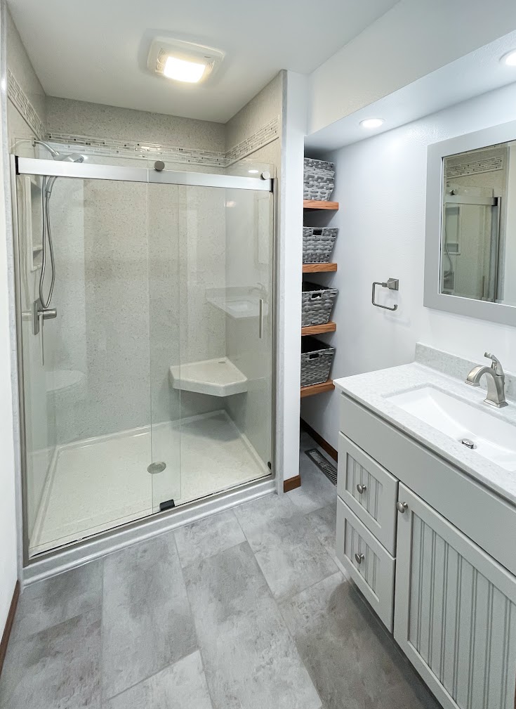 Bathroom design inspiration with glass shower and vanity